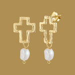 Natural Pearl Cross Pendant Earrings - Handmade Gold-Plated 925 Sterling Silver Religious Jewelry - Deitylove Jewelry