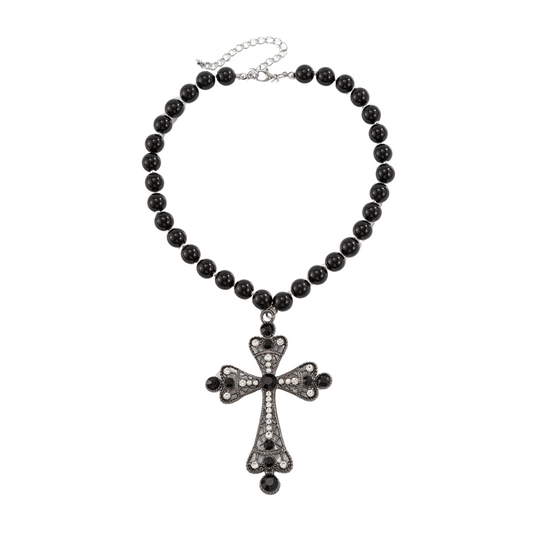 Cross Necklace Combining Pearls and Vintage Luxury（black）