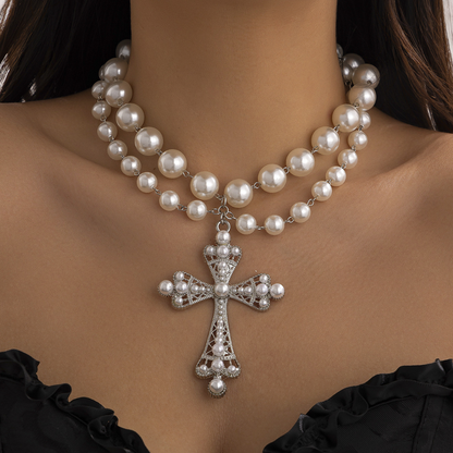 Luxurious Double-Layer Pearl Cross Pendant Necklace