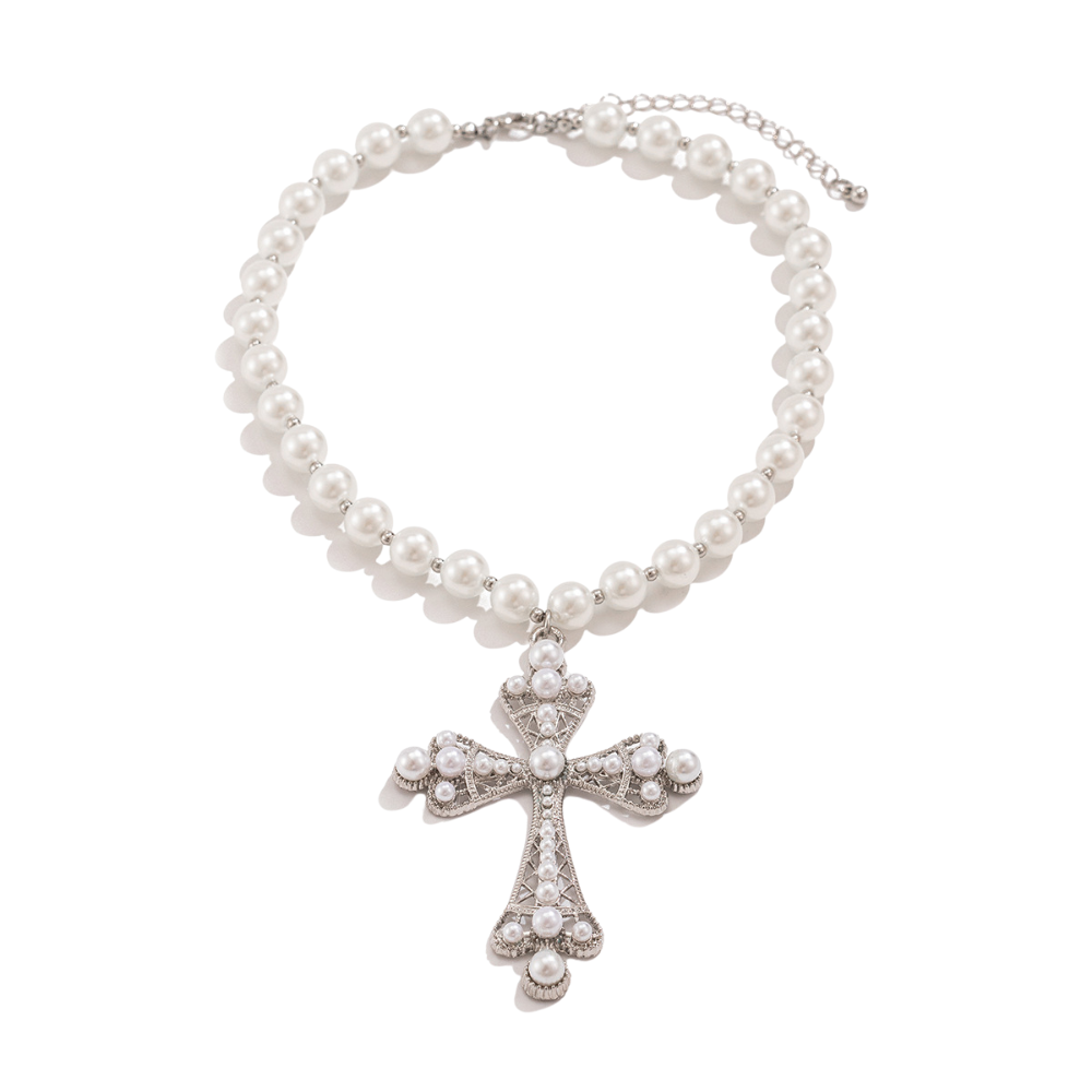 Cross Necklace Combining Pearls and Vintage Luxury（white）