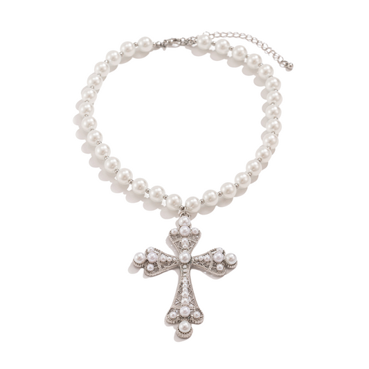 Cross Necklace Combining Pearls and Vintage Luxury（white）