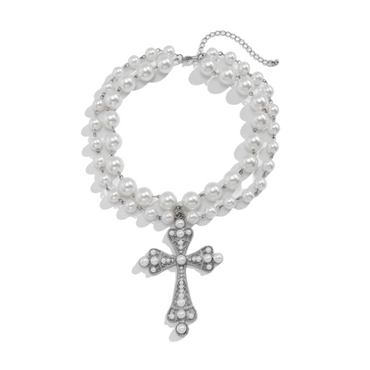 Luxurious Double-Layer Pearl Cross Pendant Necklace