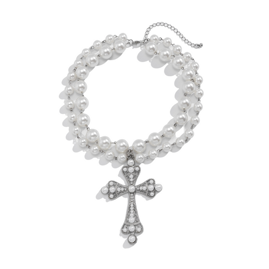 Luxurious Double-Layer Pearl Cross Pendant Necklace