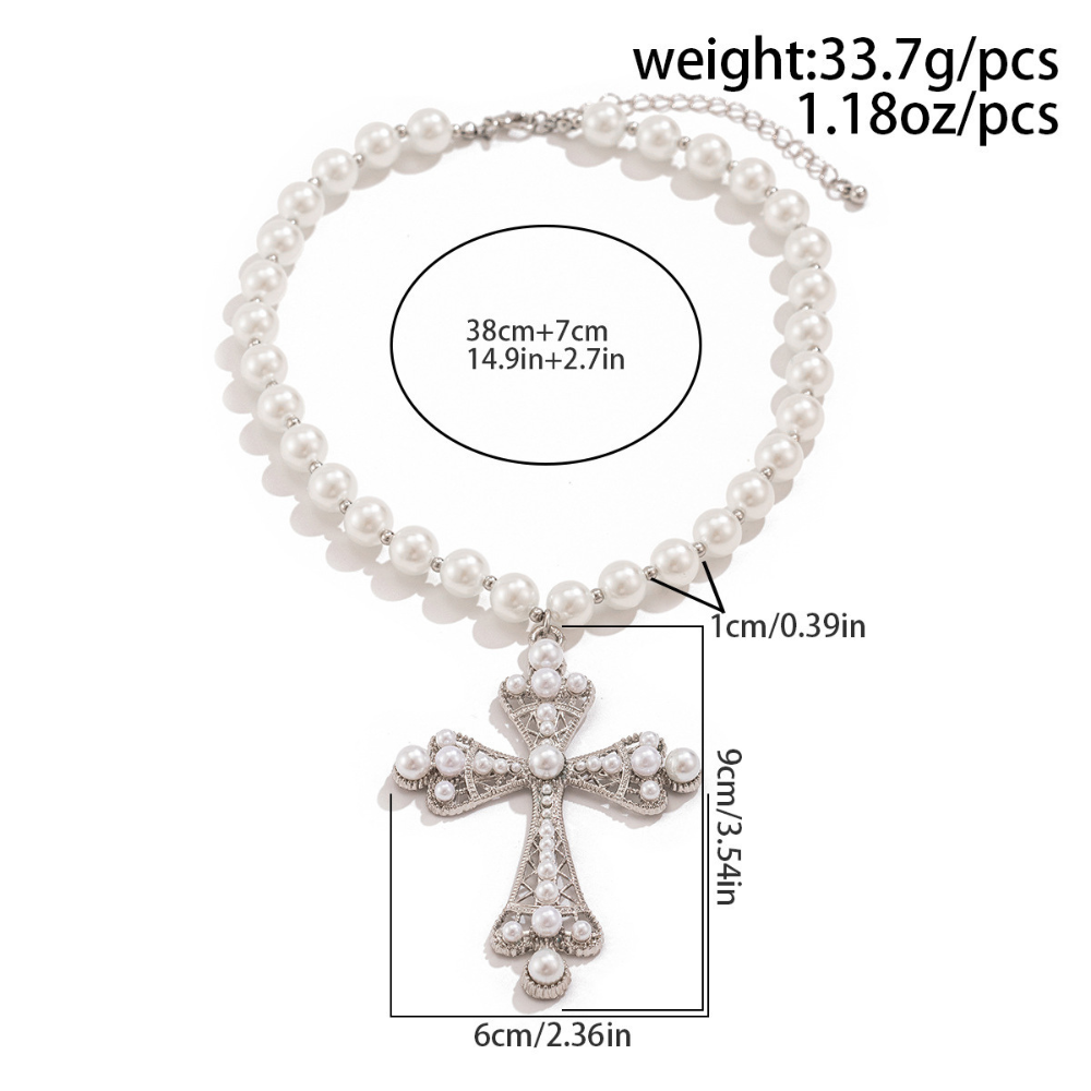 Cross Necklace Combining Pearls and Vintage Luxury（white）