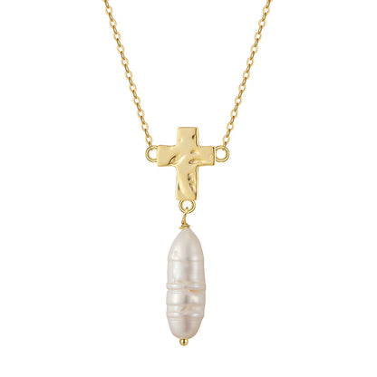 Natural Baroque Pearl Pendant Necklace - Handmade Gold Cross 925 Sterling Silver Jewelry