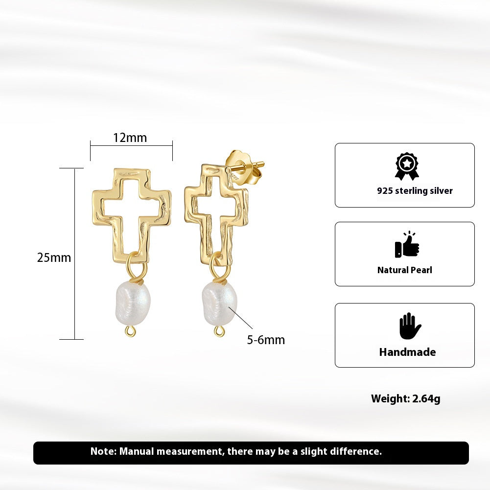 Natural Pearl Cross Pendant Earrings - Handmade Gold-Plated 925 Sterling Silver Religious Jewelry