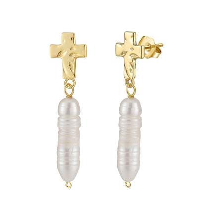 Long Natural Pearl Cross Pendant Earrings - Handmade Gold-Plated 925 Sterling Silver Elegant Design