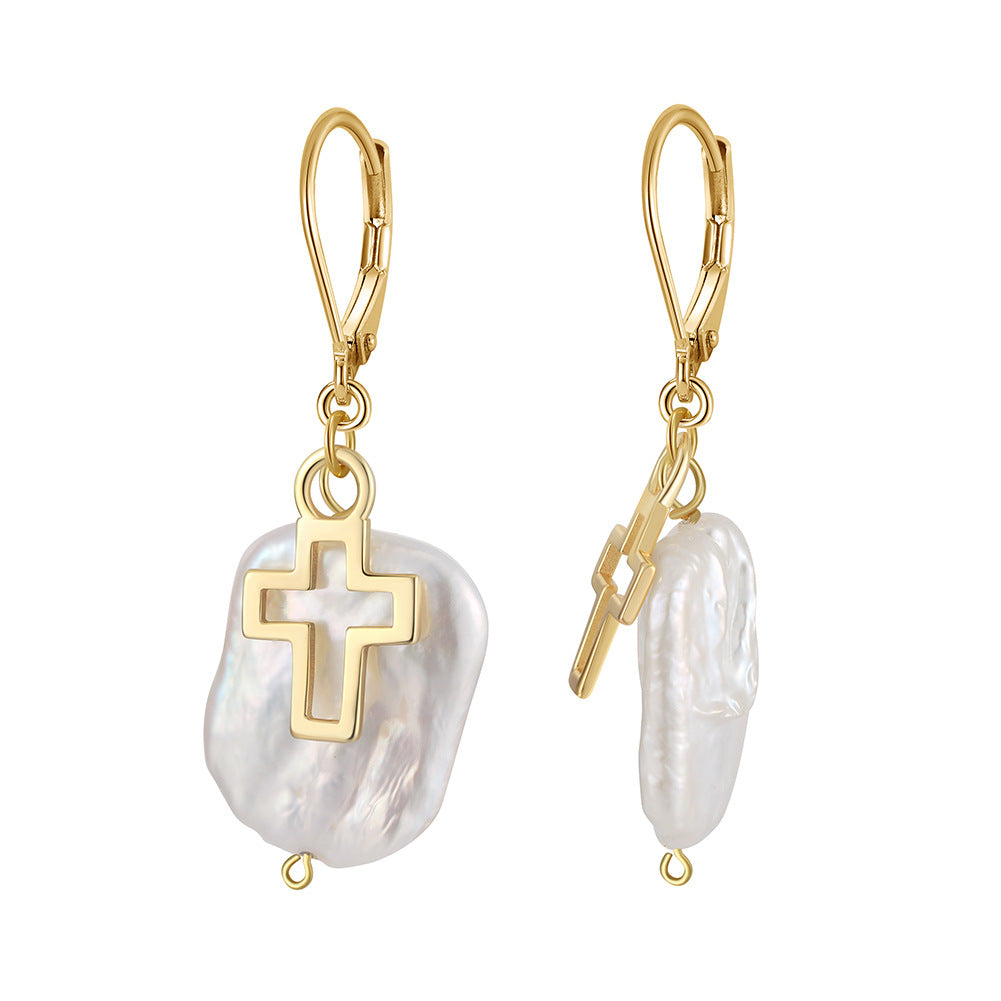 Pearl Cross Pendant Earrings - Handmade Gold-Plated 925 Sterling Silver Religious Jewelry