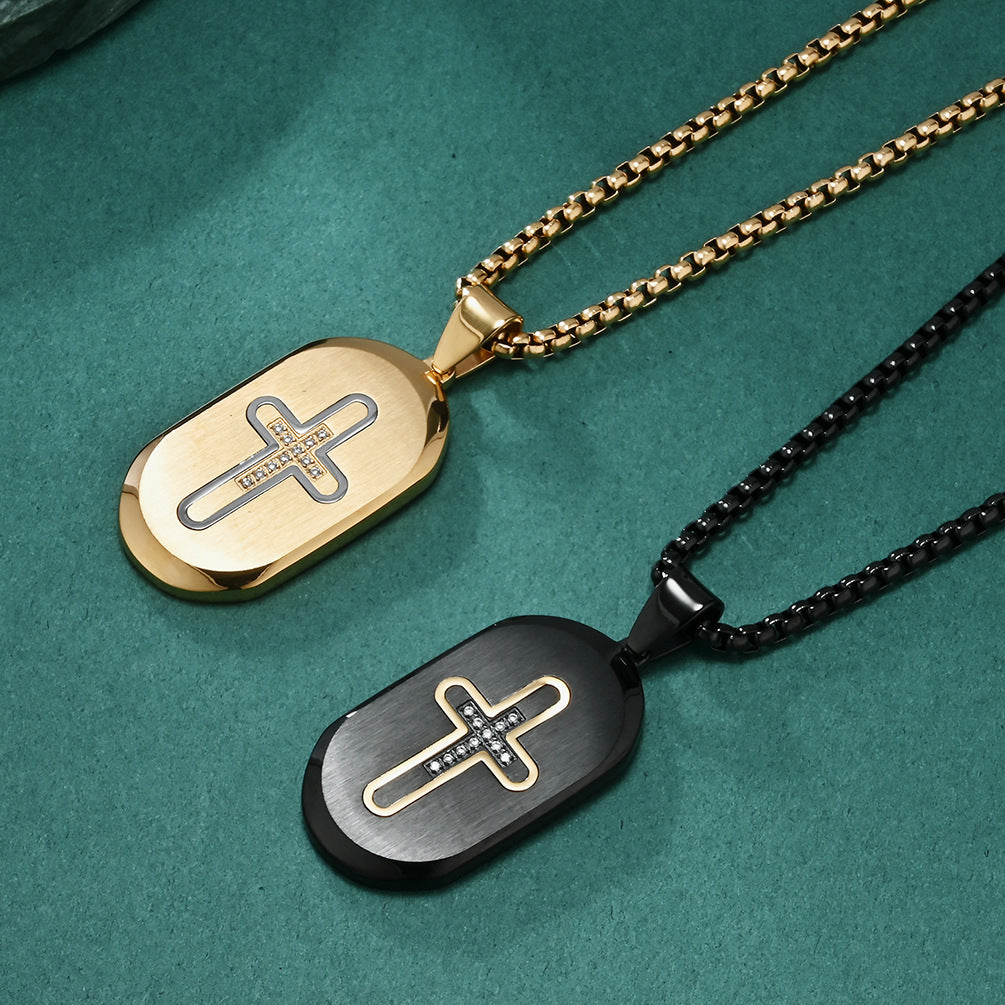 Trendy New Round-Head Slanted Edge Inlaid Cross Necklace