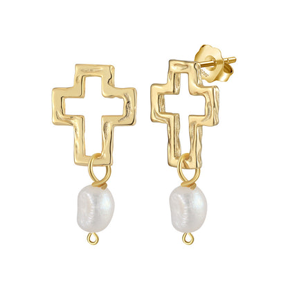 Natural Pearl Cross Pendant Earrings - Handmade Gold-Plated 925 Sterling Silver Religious Jewelry