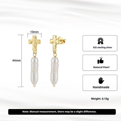 Long Natural Pearl Cross Pendant Earrings - Handmade Gold-Plated 925 Sterling Silver Elegant Design