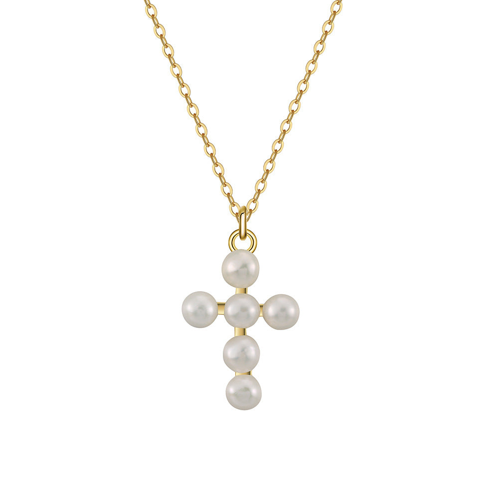 Pearl Cross Pendant Necklace - Handmade Elegant 925 Sterling Silver Design