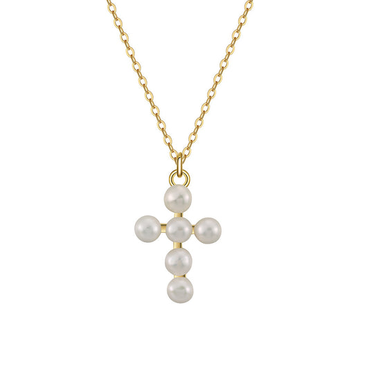 Pearl Cross Pendant Necklace - Handmade Elegant 925 Sterling Silver Design