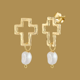 Natural Pearl Cross Pendant Earrings - Handmade Gold-Plated 925 Sterling Silver Religious Jewelry - Deitylove Jewelry
