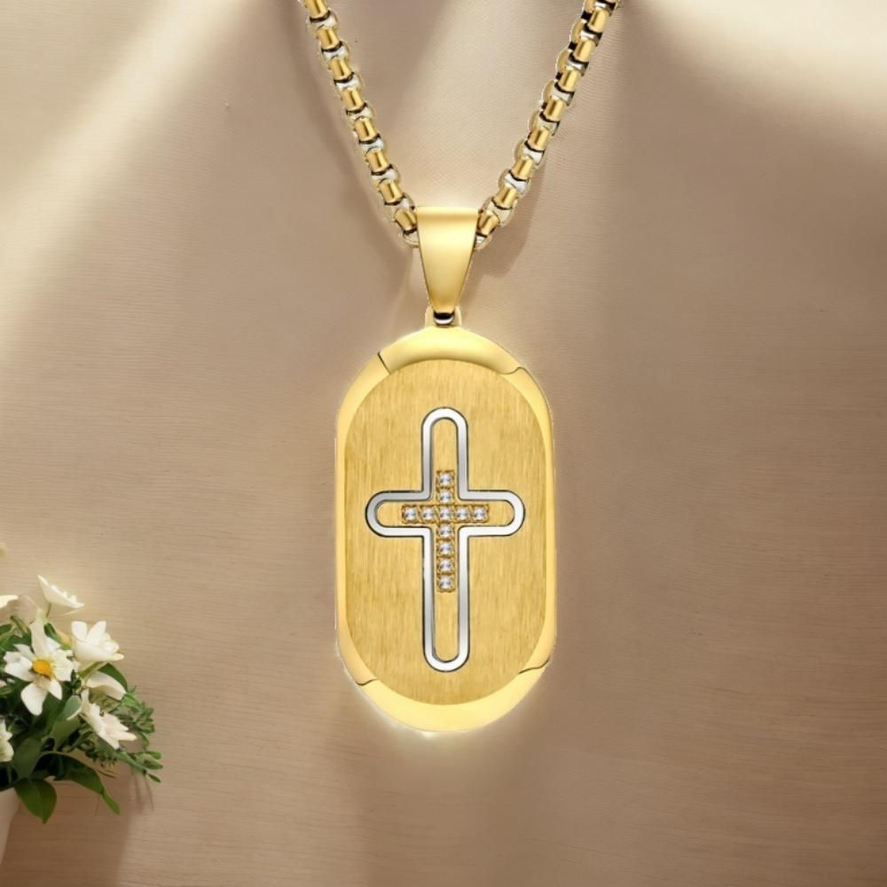 Trendy New Round-Head Slanted Edge Inlaid Cross Necklace